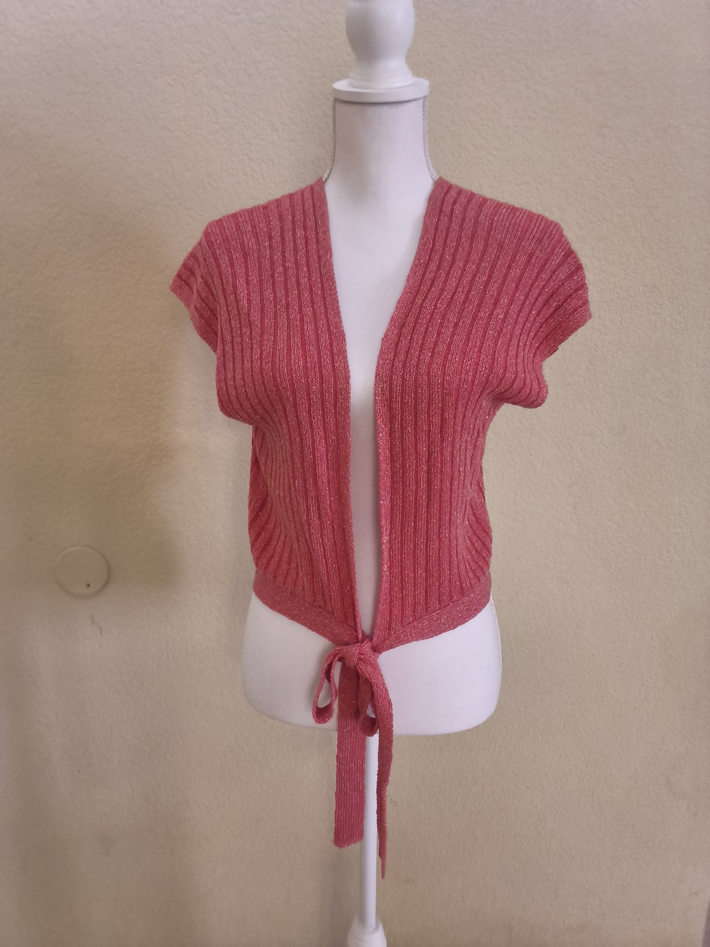 Hurley Pink Ribbed Tie-Front Short Sleeve Sweater Shrug